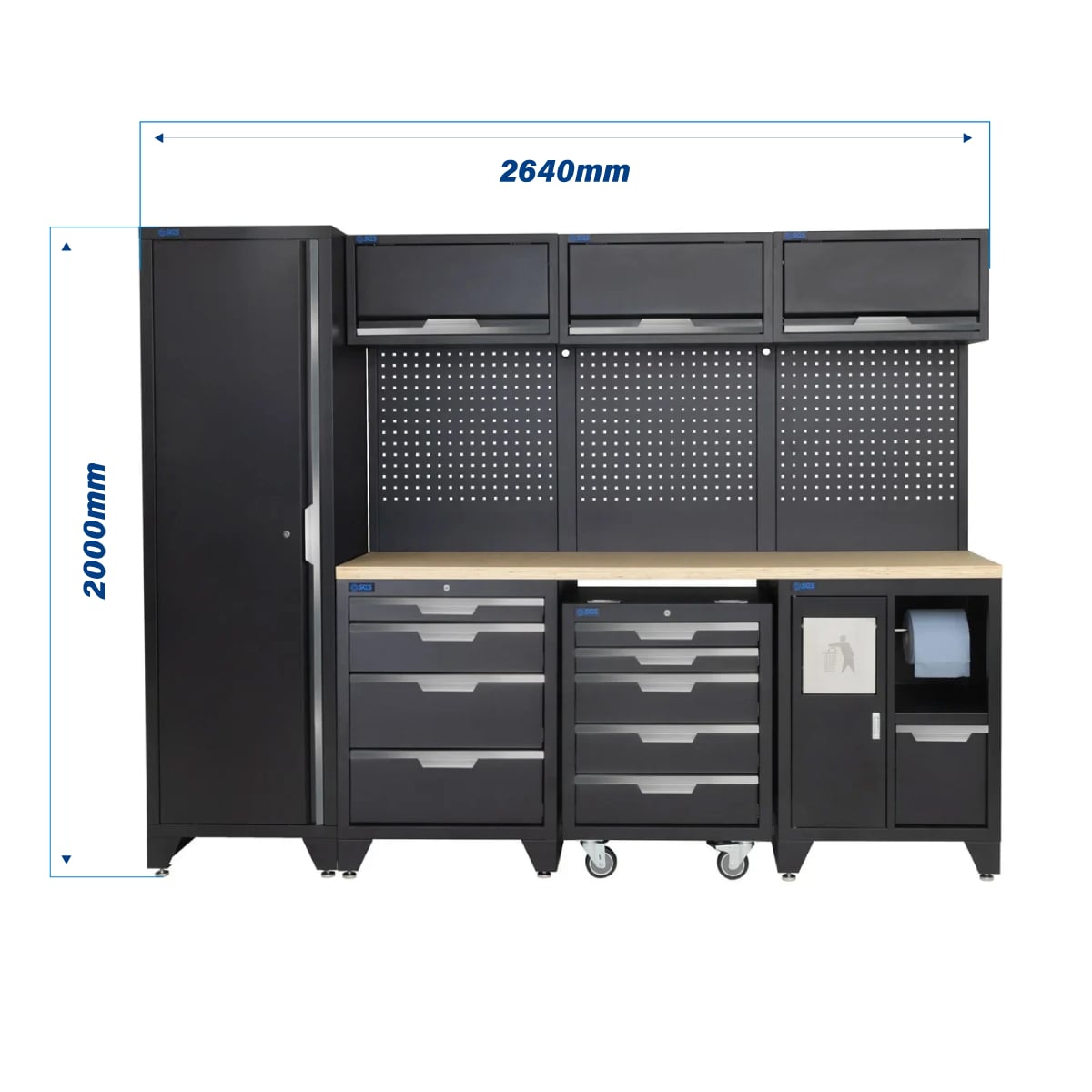 SGS 10pc Modular Garage Storage | 9 Drawers | Plywood Worktop | Tall Single Cabinet | Bin Unit | Mobile Cabinet | 3x Upper Cabinets